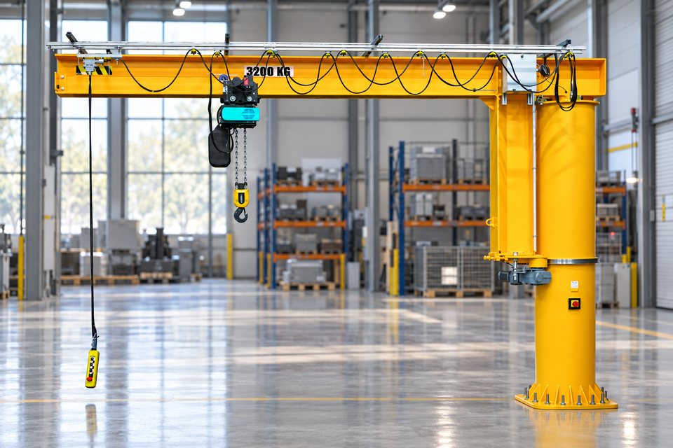 Comege RSD stubna konzolna dizalica s punim zakretanjem i električnom lančanom dizalicom u industrijskoj hali